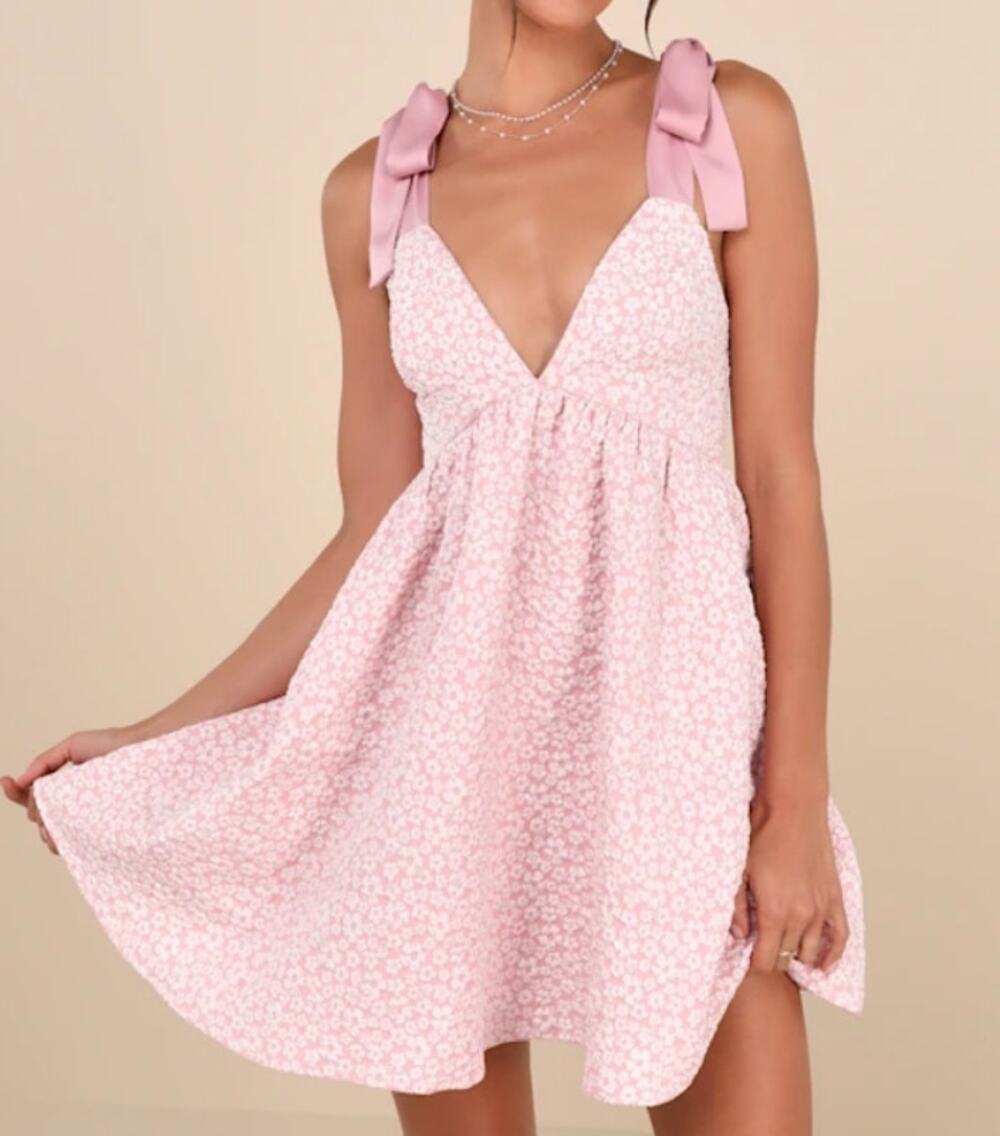 Lulus Darling Composure Pink Jacquard Floral Tie-Strap Mini Dress